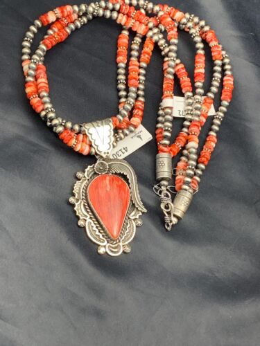 Navajo Spiny Oyster Feather Pendant | 3-Strand Sterling Silver Necklace with Pearls | Native American Handmade | 04130