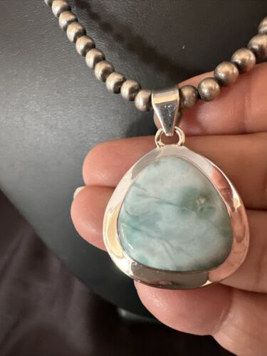 Navajo Blue Larimar Pendant Necklace | Sterling Silver Beads | Authentic Native American Handmade | 17605