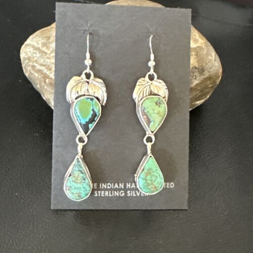 Navajo Green Royston Turquoise Dangle Earrings | Sterling Silver | Authentic Native American Handmade | 16451