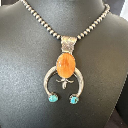 Navajo Blue Turquoise Orange Spiny Oyster Naja Pendant | Sterling Silver | Native American Handmade | 16410