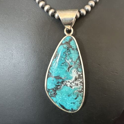 Men's Navajo Blue Spiderweb Turquoise Pendant Necklace | Sterling Silver | Authentic Native American Handmade | 16206
