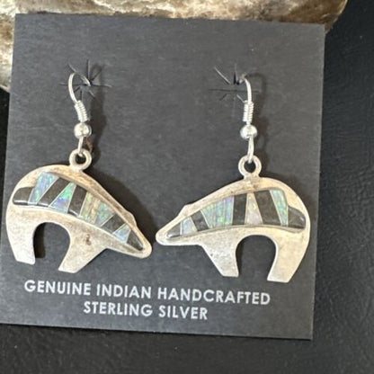 Navajo Onyx White Opal Inlay Dangle Earrings | Sterling Silver | Authentic Native American Handmade | 15352