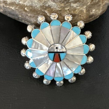 Sunface Zuni Inlay Turquoise Mother of Pearl Pin Pendant | Sterling Silver | Authentic Native American Handmade | 15176