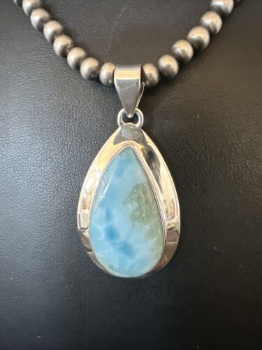 Navajo Blue Larimar Pendant Necklace | Sterling Silver Beads | Authentic Native American Handmade | 17565