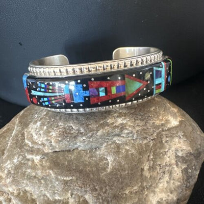 Men's Navajo Black Onyx Coral Turquoise Sterling Silver Cuff Bracelet Inlay | 16122