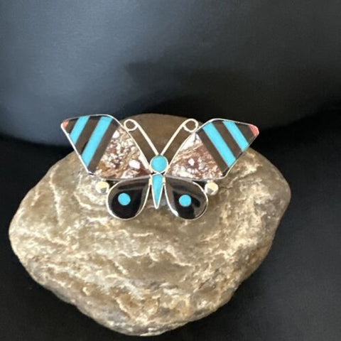 Zuni Butterfly Wild Horse Turquoise Onyx Inlay Pin Pendant Sterling Silver 15153