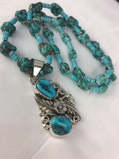 Navajo Sterling Silver Kingman Turquoise Nugget Pendant Necklace | Multi-Stone | Native American | 3126
