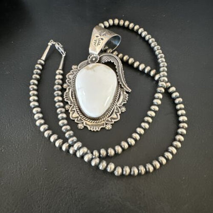Navajo White Buffalo Turquoise Pendant Necklace | Sterling Silver | Authentic Native American Handmade | 15618