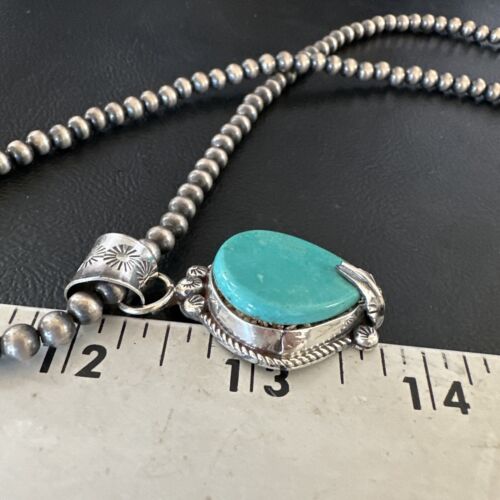 Women's Blue Turquoise Pendant Necklace | Navajo Pearls | Sterling Silver | Authentic Native American Handmade | 15658