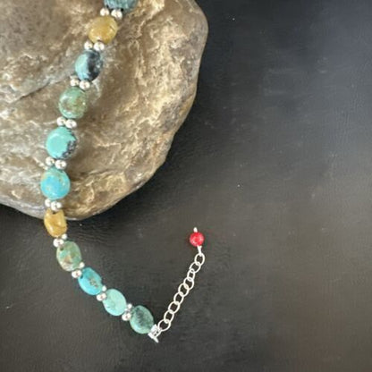 Women's Blue Turquoise Bead Bracelet | Southwestern Sterling Silver Link | 8" | 17570