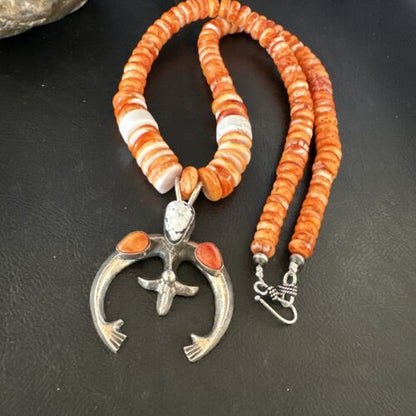 Navajo White Buffalo Turquoise Spiny Naja Pendant Necklace | Sterling Silver | 23" | 15027 - Masha USA