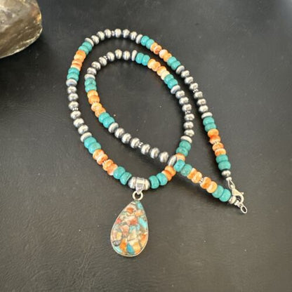 Navajo Spiny Turquoise Pendant Necklace | Sterling Silver | 22" | Authentic Native American Handmade | 17414