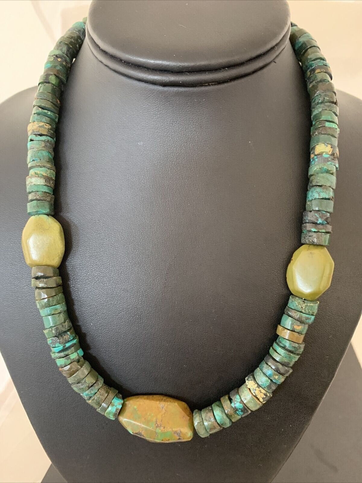 Men's Navajo Green Turquoise Nugget Heishi Bead Necklace | 21" | Sterling Silver | 02144