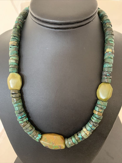 Men's Navajo Green Turquoise Nugget Heishi Bead Necklace | 21" | Sterling Silver | 02144