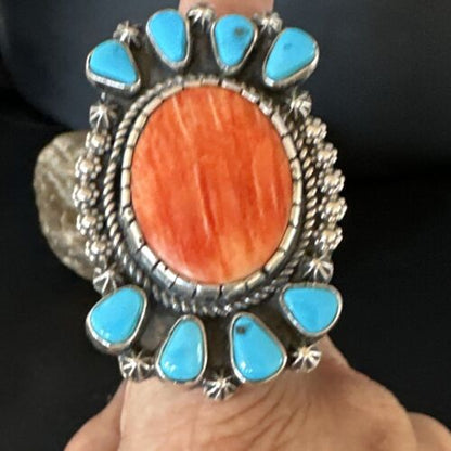Navajo Turquoise Spiny Oyster Multi-Stone Ring | Authentic Native American Sterling Silver | Sz 8 | 15076