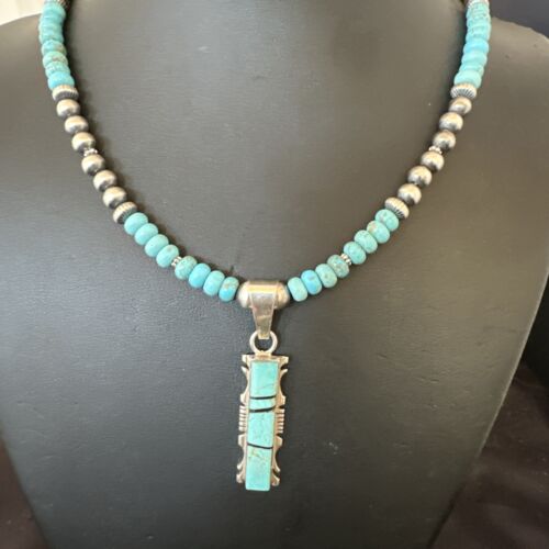 Men's and Women's Turquoise #8 Inlay Pendant Necklace | Navajo Sterling Silver | Authentic Native American Handmade | 17074