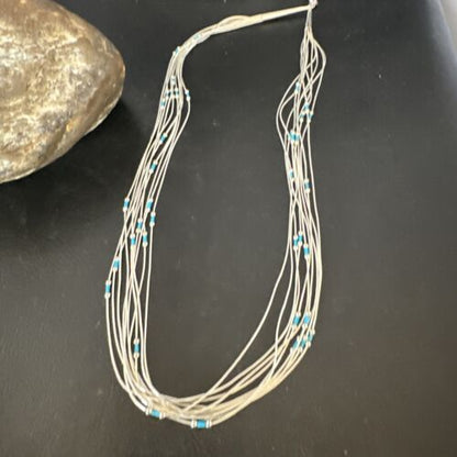 Navajo Blue Turquoise Heishi Necklace | 10 Strand Liquid Sterling Silver | 20" | 15887