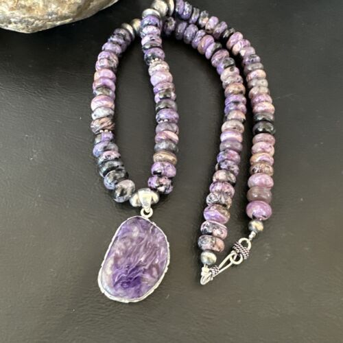 Navajo Purple Charoite Pendant with Pearls | Sterling Silver Necklace | Authentic Native American Handmade | 16337