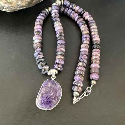 Navajo Purple Charoite Pendant with Pearls | Sterling Silver Necklace | Authentic Native American Handmade | 16337