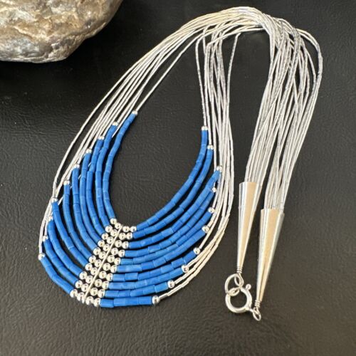 Navajo Denim Lapis Heishi Necklace | 10 Strand Sterling Liquid Silver Tube | 22" | 16319