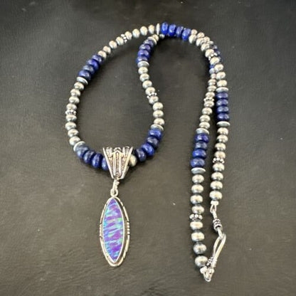 Navajo Lapis Purple Opal Pendant Necklace | Sterling Silver | 20" | Authentic Native American Handmade | 17551