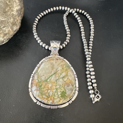 Navajo Sterling Silver Green Boulder Turquoise Necklace Pendant for Men | XL | Authentic Native American | 16365