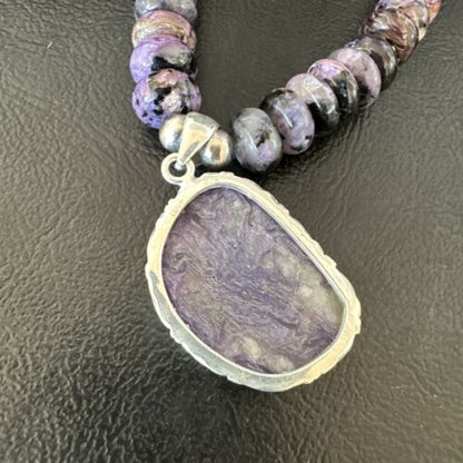 Navajo Purple Charoite Pendant with Pearls | Sterling Silver Necklace | Authentic Native American Handmade | 16337