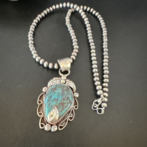Navajo Blue Turquoise Pendant Necklace | Sterling Silver Pearls | Authentic Native American Handmade | 15643