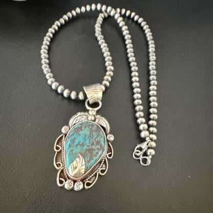Navajo Blue Turquoise Pendant Necklace | Sterling Silver Pearls | Authentic Native American Handmade | 15643