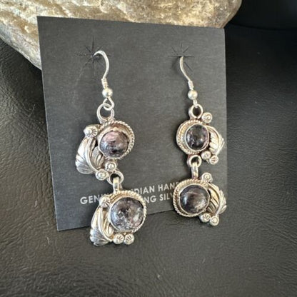 Navajo Purple Sugilite Dangle Earrings | Sterling Silver | 2" | Authentic Native American Handmade | 15694