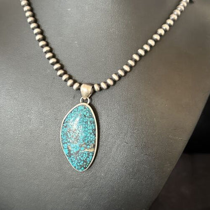 Men's Navajo Blue Spiderweb Turquoise Pendant Necklace | Sterling Silver | Authentic Native American Handmade | 16217