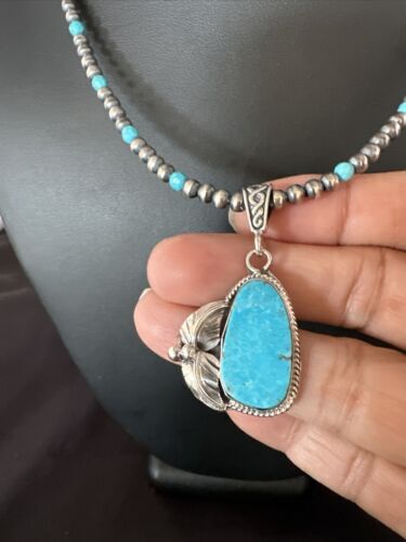 Navajo Pearls Kingman Turquoise Pendant Necklace | Sterling Silver | Authentic Native American Handmade | 14889