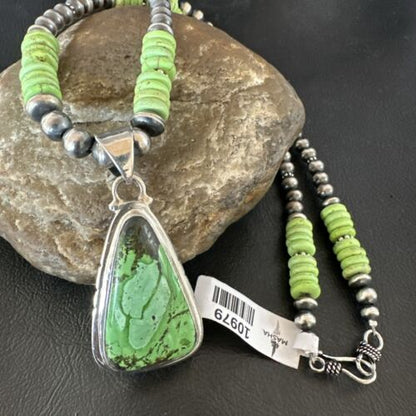 Navajo Green Gaspeite Pendant Necklace | Sterling Silver | Authentic Native American Handmade | 10979