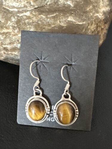 Navajo Coffee Tiger's Eye Dangle Earrings | Sterling Silver | Authentic Native American Handmade | 14920