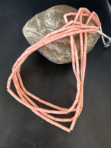 Pink Coral Tube Heishi Bead Necklace | 4 Strand Navajo Sterling Silver | 18" | 15279