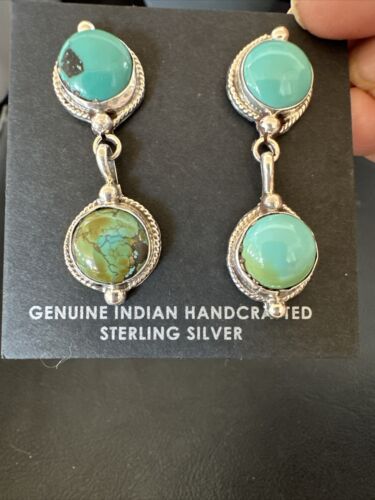 Navajo Blue Green Turquoise Dangle Earrings | Sterling Silver | 1.5" | Authentic Native American Handmade | 17387