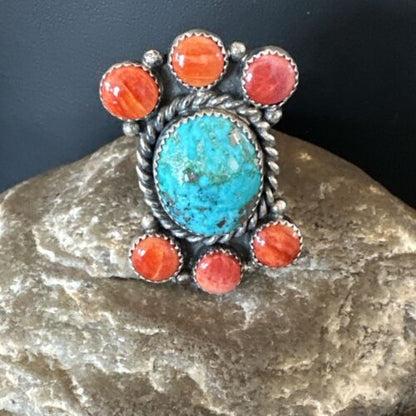 Navajo Turquoise & Spiny Oyster Cluster Ring | Authentic Native American Sterling Silver | Multi-Stone | Sz 8 | 16330