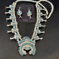 Zuni Turquoise Squash Blossom Necklace with Naja Earrings | Sterling Silver | Native American Handmade | 16541