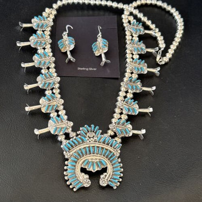 Zuni Turquoise Squash Blossom Necklace with Naja Earrings | Sterling Silver | Native American Handmade | 16541