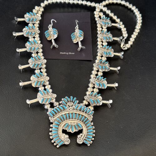 Zuni Turquoise Squash Blossom Necklace with Naja Earrings | Sterling Silver | Native American Handmade | 16541