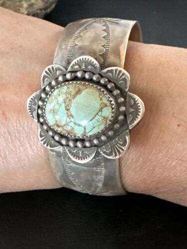 XL Men's Blue #8 Turquoise Cuff Bracelet | Navajo Sterling Silver | Authentic Native American Handmade | 15855