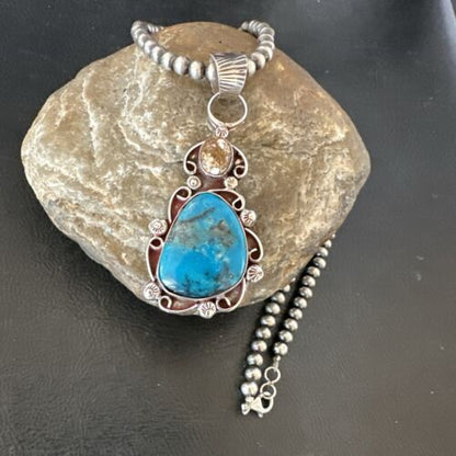 Navajo Blue Kingman Turquoise Wild Horse Necklace Pendant | Sterling Silver | Authentic Native American Handmade | 17221