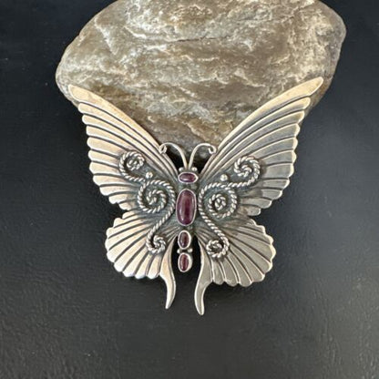 Navajo Butterfly Purple Spiny Oyster Pin Pendant | Sterling Silver | Authentic Native American Handmade | 15233