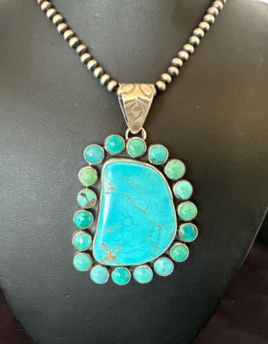 Navajo XL Blue Kingman Turquoise Cluster Pendant Necklace | Sterling Silver | Native American Handmade | 16796