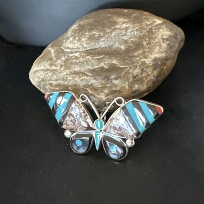 Zuni Butterfly Wild Horse Turquoise Onyx Inlay Pin Pendant | Sterling Silver | Authentic Native American Handmade | 15153