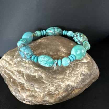 Women's Blue Turquoise Stretch Stone Bracelet | 7" | Authentic Native American Handmade | 15240