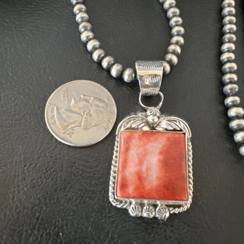 Navajo Red Spiny Oyster Pendant Necklace | Sterling Silver | Authentic Native American Handmade | 16147