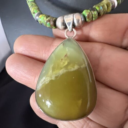 Navajo Green Turquoise Pendant Necklace | Sterling Silver | Authentic Native American Handmade | 16916