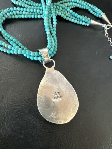 Blue Turquoise Pendant | Navajo Pearls | Sterling Silver Bead Necklace 17" | Multi-Strand | 15994