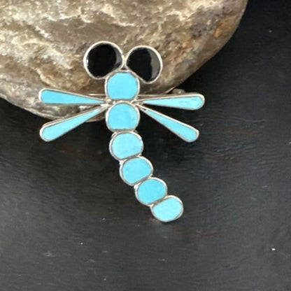 Navajo Blue Kingman Turquoise Dragonfly Inlay Pin Pendant | Sterling Silver | Authentic Native American Handmade | 15169